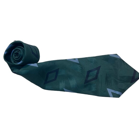 Polo Ralph Lauren USA Made Green Blue Geometric Print 100% Silk Tie - Picture 1 of 5